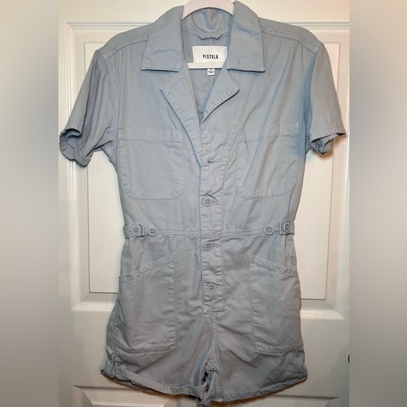 PISTOLA Parker Short Sleeve Romper- Pearl Blue/ Size X-Small - Picture 3 of 6
